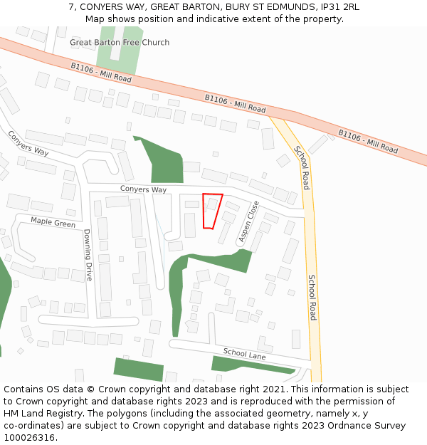 7, CONYERS WAY, GREAT BARTON, BURY ST EDMUNDS, IP31 2RL: Location map and indicative extent of plot
