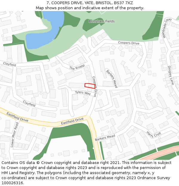 7, COOPERS DRIVE, YATE, BRISTOL, BS37 7XZ: Location map and indicative extent of plot