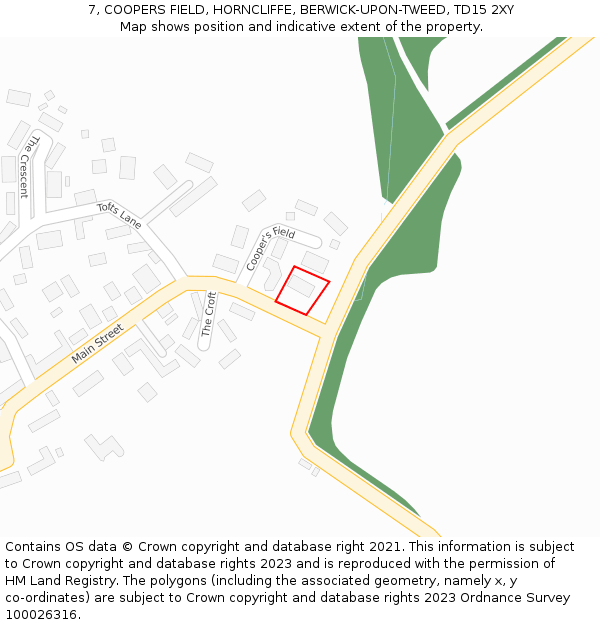 7, COOPERS FIELD, HORNCLIFFE, BERWICK-UPON-TWEED, TD15 2XY: Location map and indicative extent of plot