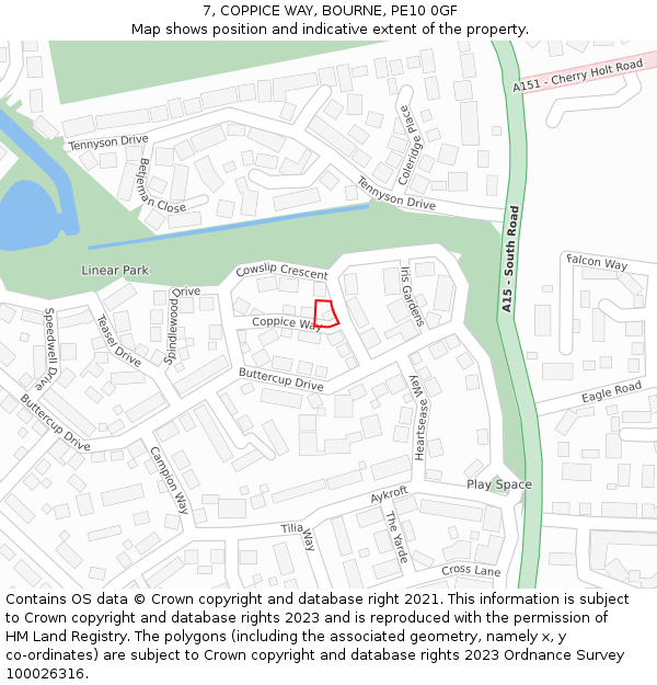 7, COPPICE WAY, BOURNE, PE10 0GF: Location map and indicative extent of plot