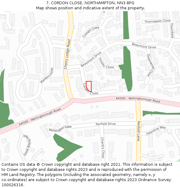 7, CORDON CLOSE, NORTHAMPTON, NN3 8PG: Location map and indicative extent of plot