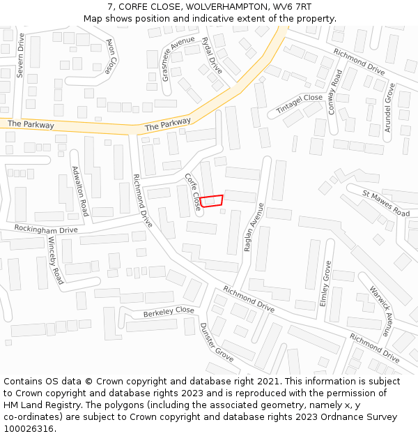 7, CORFE CLOSE, WOLVERHAMPTON, WV6 7RT: Location map and indicative extent of plot