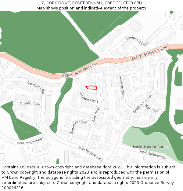 7, CORK DRIVE, PONTPRENNAU, CARDIFF, CF23 8PU: Location map and indicative extent of plot