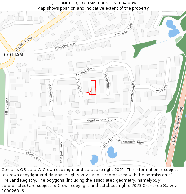 7, CORNFIELD, COTTAM, PRESTON, PR4 0BW: Location map and indicative extent of plot