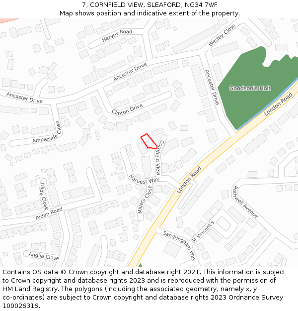 7, CORNFIELD VIEW, SLEAFORD, NG34 7WF: Location map and indicative extent of plot