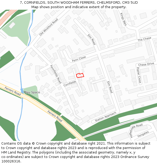 7, CORNFIELDS, SOUTH WOODHAM FERRERS, CHELMSFORD, CM3 5UD: Location map and indicative extent of plot