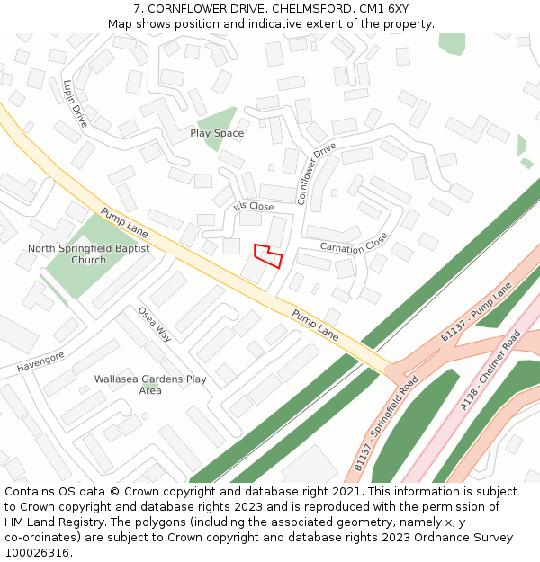 7, CORNFLOWER DRIVE, CHELMSFORD, CM1 6XY: Location map and indicative extent of plot