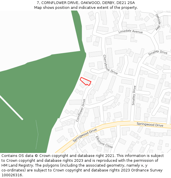 7, CORNFLOWER DRIVE, OAKWOOD, DERBY, DE21 2SA: Location map and indicative extent of plot