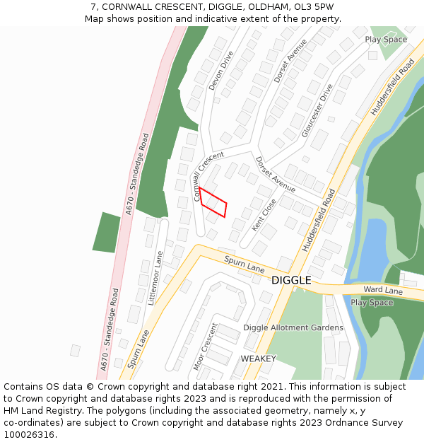 7, CORNWALL CRESCENT, DIGGLE, OLDHAM, OL3 5PW: Location map and indicative extent of plot