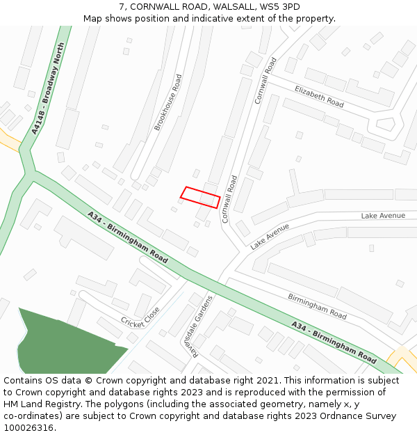 7, CORNWALL ROAD, WALSALL, WS5 3PD: Location map and indicative extent of plot