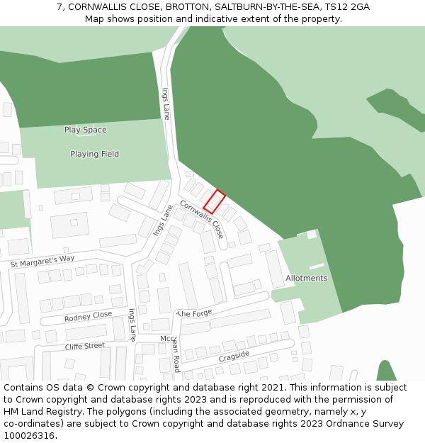 7, CORNWALLIS CLOSE, BROTTON, SALTBURN-BY-THE-SEA, TS12 2GA: Location map and indicative extent of plot