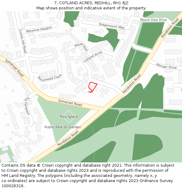 7, COTLAND ACRES, REDHILL, RH1 6JZ: Location map and indicative extent of plot