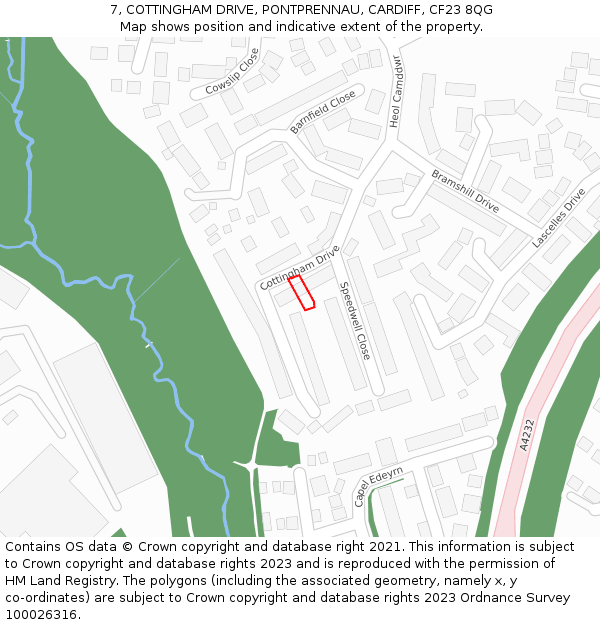 7, COTTINGHAM DRIVE, PONTPRENNAU, CARDIFF, CF23 8QG: Location map and indicative extent of plot