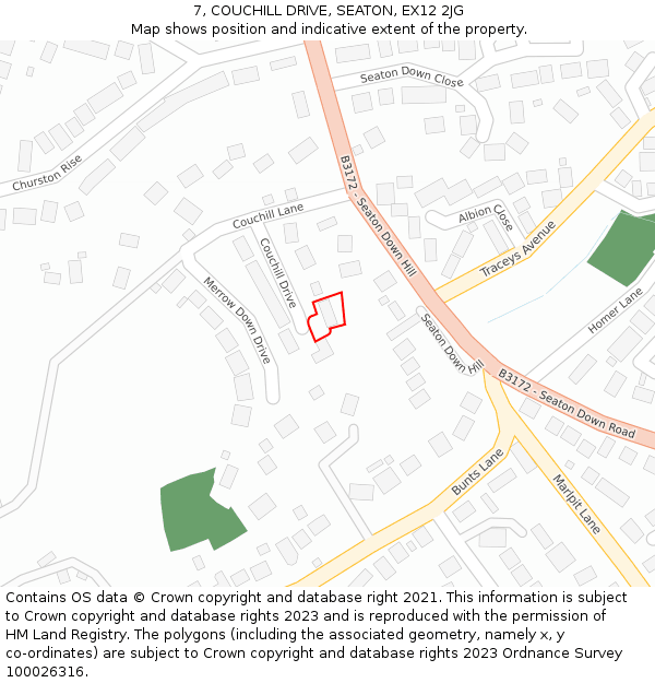 7, COUCHILL DRIVE, SEATON, EX12 2JG: Location map and indicative extent of plot