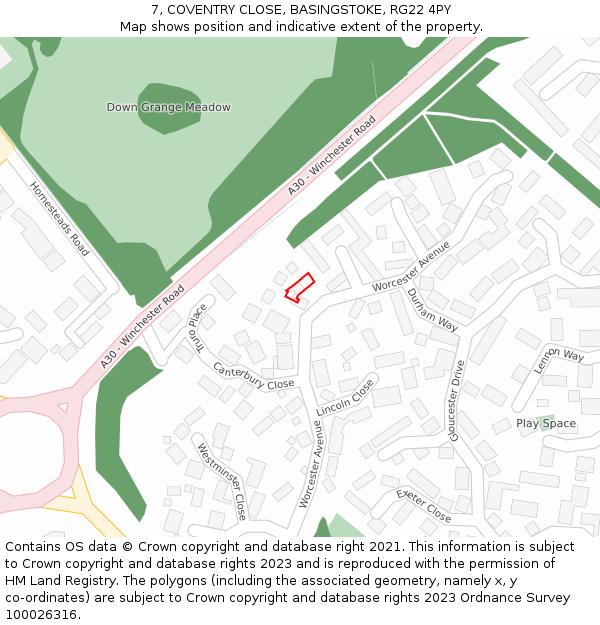 7, COVENTRY CLOSE, BASINGSTOKE, RG22 4PY: Location map and indicative extent of plot