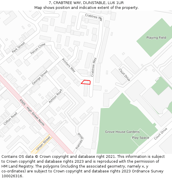 7, CRABTREE WAY, DUNSTABLE, LU6 1UR: Location map and indicative extent of plot