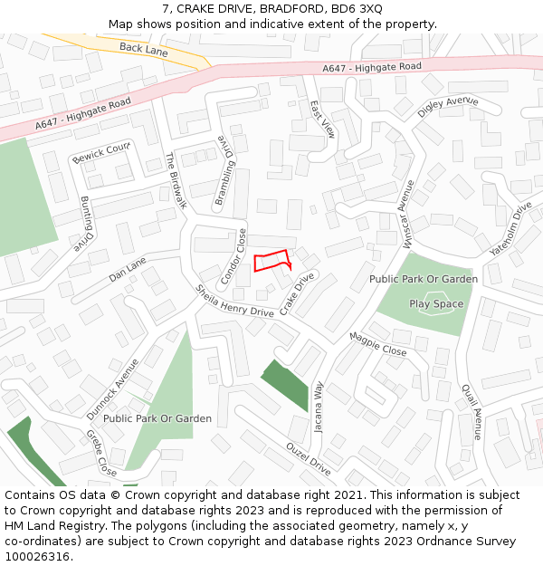 7, CRAKE DRIVE, BRADFORD, BD6 3XQ: Location map and indicative extent of plot