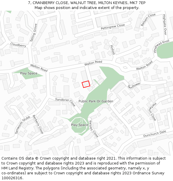 7, CRANBERRY CLOSE, WALNUT TREE, MILTON KEYNES, MK7 7EP: Location map and indicative extent of plot