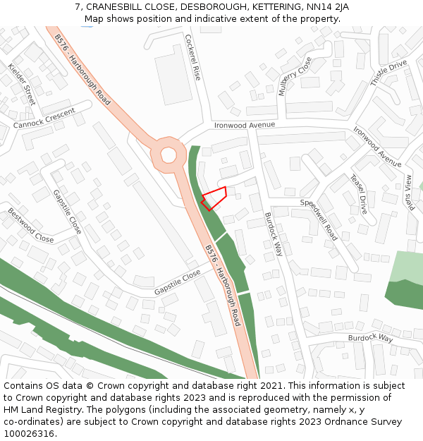 7, CRANESBILL CLOSE, DESBOROUGH, KETTERING, NN14 2JA: Location map and indicative extent of plot