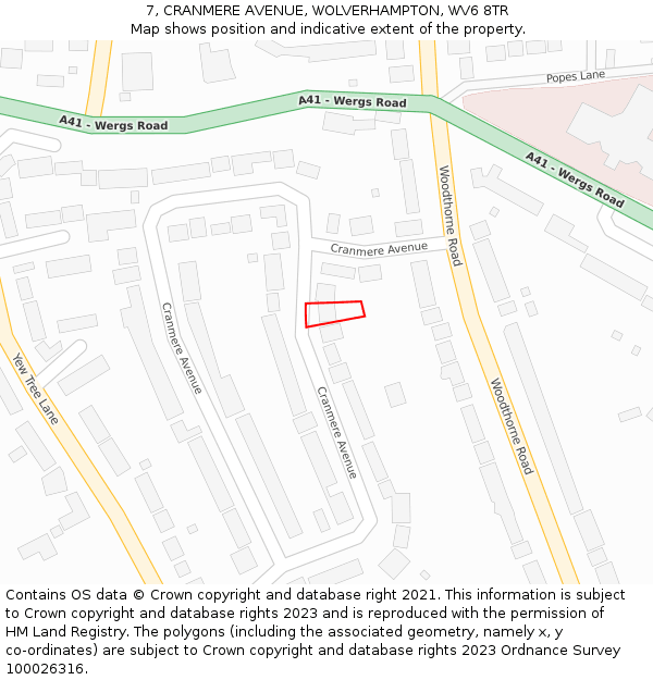 7, CRANMERE AVENUE, WOLVERHAMPTON, WV6 8TR: Location map and indicative extent of plot