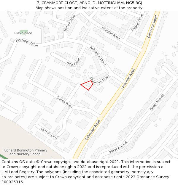 7, CRANMORE CLOSE, ARNOLD, NOTTINGHAM, NG5 8GJ: Location map and indicative extent of plot