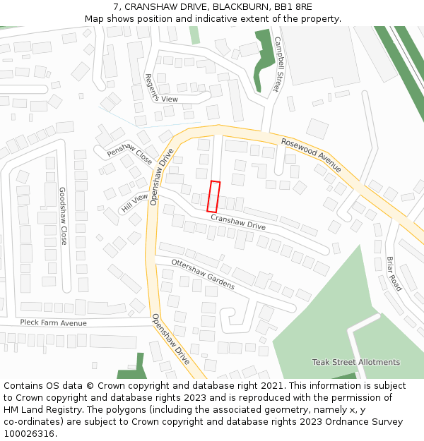 7, CRANSHAW DRIVE, BLACKBURN, BB1 8RE: Location map and indicative extent of plot