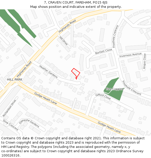 7, CRAVEN COURT, FAREHAM, PO15 6JS: Location map and indicative extent of plot