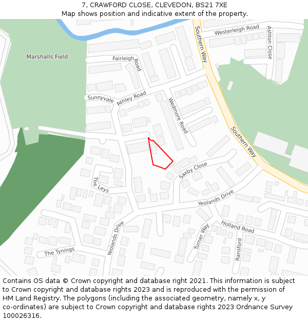 7, CRAWFORD CLOSE, CLEVEDON, BS21 7XE: Location map and indicative extent of plot