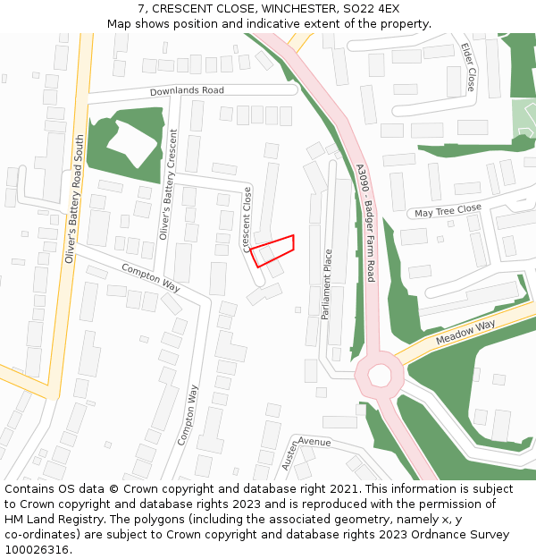 7, CRESCENT CLOSE, WINCHESTER, SO22 4EX: Location map and indicative extent of plot