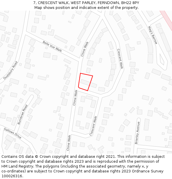 7, CRESCENT WALK, WEST PARLEY, FERNDOWN, BH22 8PY: Location map and indicative extent of plot