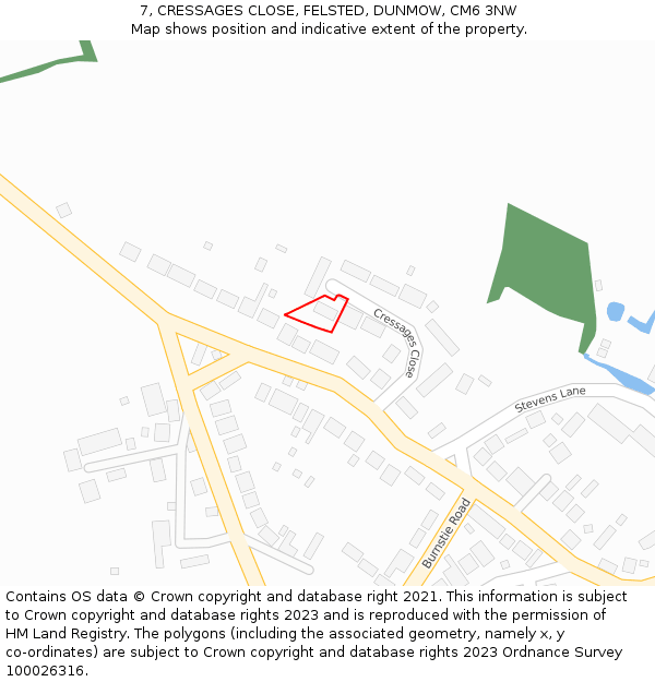 7, CRESSAGES CLOSE, FELSTED, DUNMOW, CM6 3NW: Location map and indicative extent of plot