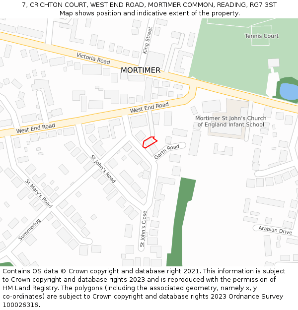 7, CRICHTON COURT, WEST END ROAD, MORTIMER COMMON, READING, RG7 3ST: Location map and indicative extent of plot