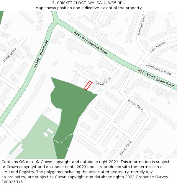 7, CRICKET CLOSE, WALSALL, WS5 3PU: Location map and indicative extent of plot