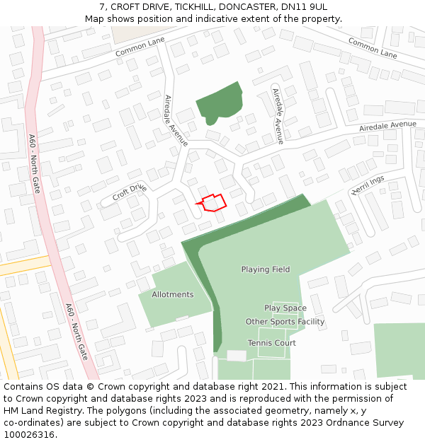 7, CROFT DRIVE, TICKHILL, DONCASTER, DN11 9UL: Location map and indicative extent of plot