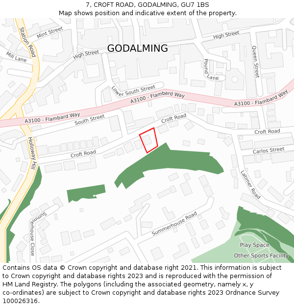 7, CROFT ROAD, GODALMING, GU7 1BS: Location map and indicative extent of plot