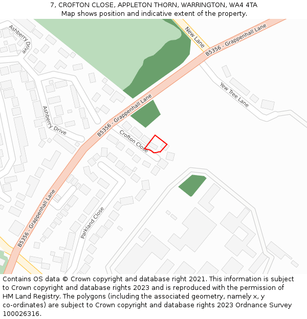 7, CROFTON CLOSE, APPLETON THORN, WARRINGTON, WA4 4TA: Location map and indicative extent of plot