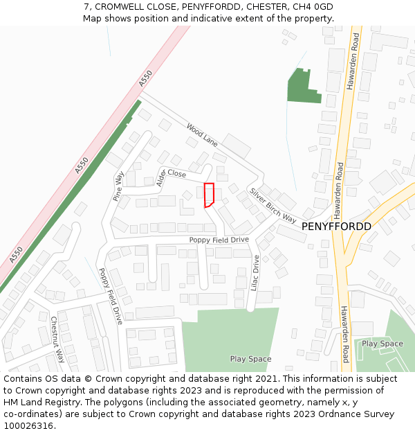 7, CROMWELL CLOSE, PENYFFORDD, CHESTER, CH4 0GD: Location map and indicative extent of plot