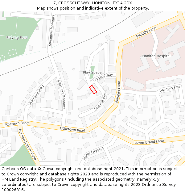 7, CROSSCUT WAY, HONITON, EX14 2DX: Location map and indicative extent of plot