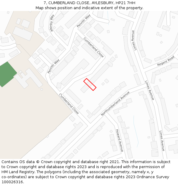 7, CUMBERLAND CLOSE, AYLESBURY, HP21 7HH: Location map and indicative extent of plot