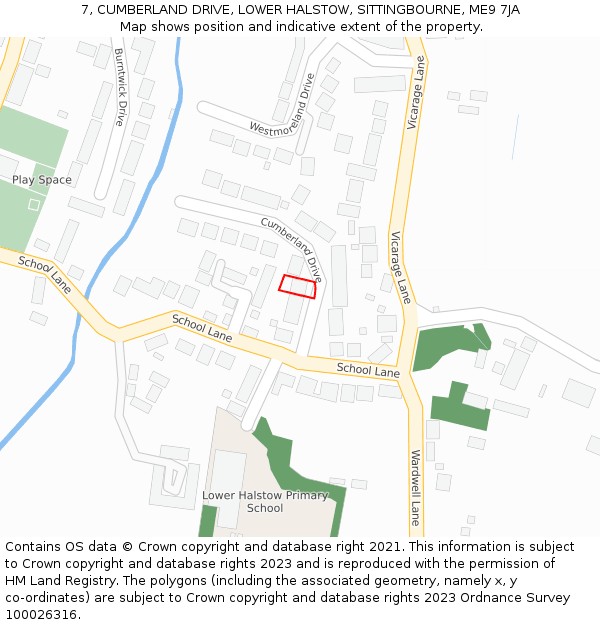 7, CUMBERLAND DRIVE, LOWER HALSTOW, SITTINGBOURNE, ME9 7JA: Location map and indicative extent of plot