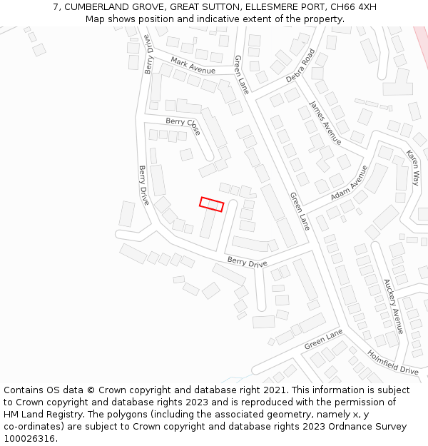 7, CUMBERLAND GROVE, GREAT SUTTON, ELLESMERE PORT, CH66 4XH: Location map and indicative extent of plot