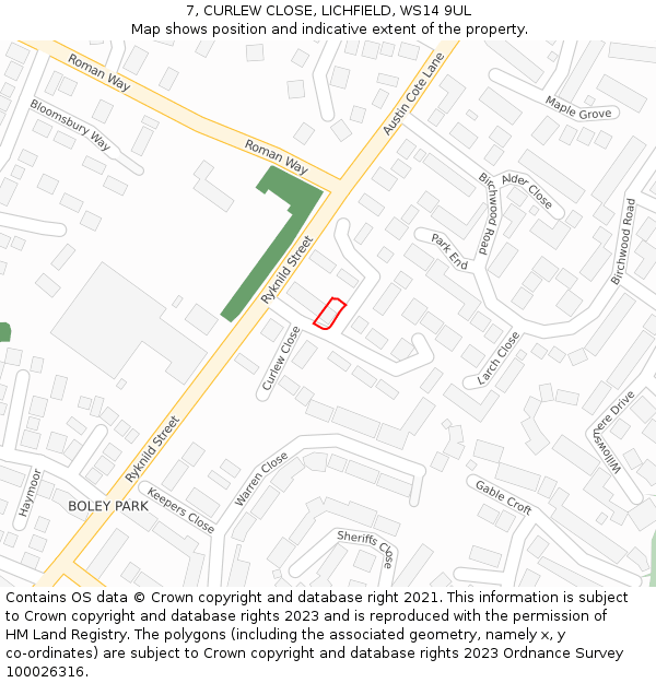 7, CURLEW CLOSE, LICHFIELD, WS14 9UL: Location map and indicative extent of plot