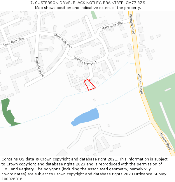 7, CUSTERSON DRIVE, BLACK NOTLEY, BRAINTREE, CM77 8ZS: Location map and indicative extent of plot