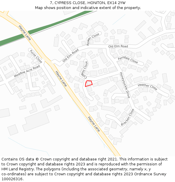 7, CYPRESS CLOSE, HONITON, EX14 2YW: Location map and indicative extent of plot