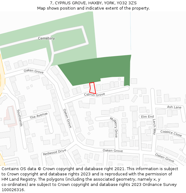 7, CYPRUS GROVE, HAXBY, YORK, YO32 3ZS: Location map and indicative extent of plot