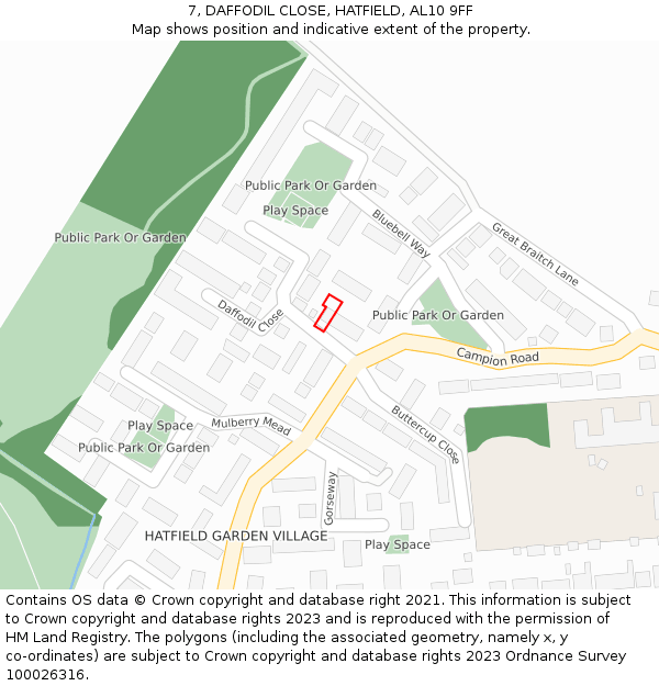 7, DAFFODIL CLOSE, HATFIELD, AL10 9FF: Location map and indicative extent of plot