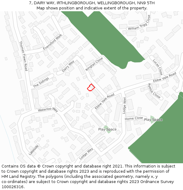 7, DAIRY WAY, IRTHLINGBOROUGH, WELLINGBOROUGH, NN9 5TH: Location map and indicative extent of plot