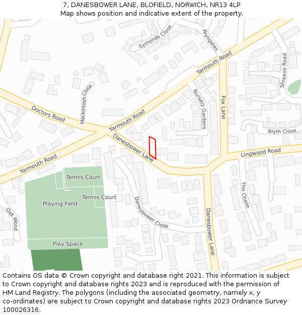 7, DANESBOWER LANE, BLOFIELD, NORWICH, NR13 4LP: Location map and indicative extent of plot