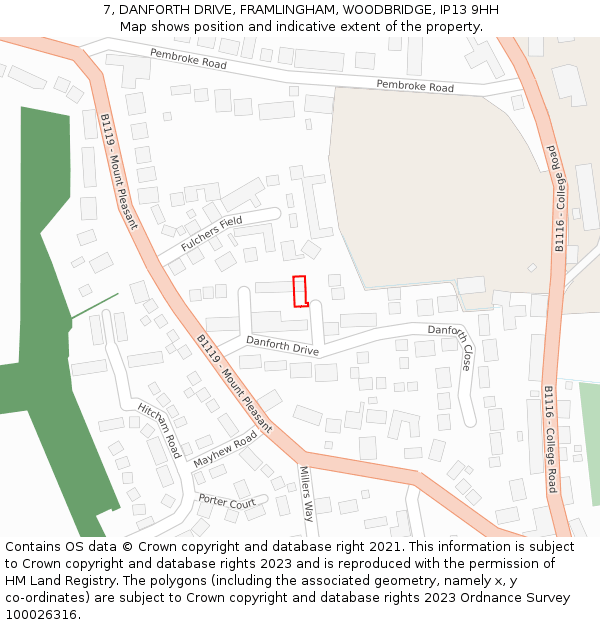 7, DANFORTH DRIVE, FRAMLINGHAM, WOODBRIDGE, IP13 9HH: Location map and indicative extent of plot