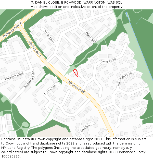 7, DANIEL CLOSE, BIRCHWOOD, WARRINGTON, WA3 6QL: Location map and indicative extent of plot